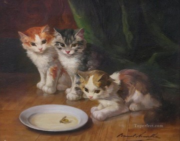  gatos Pintura - Alfred Brunel de Neuville gatos y abeja